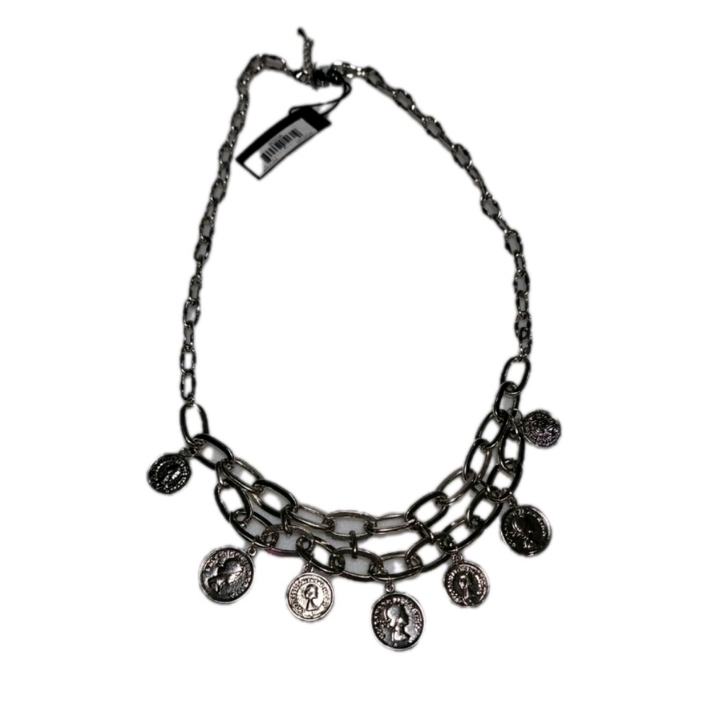 Silver Tone Chain Necklace with Coin Charms